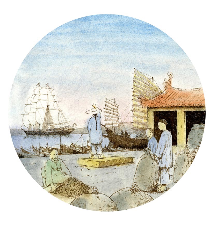 The Cutty Sark Exhibition . Port-hole illustration for the Cutty Sark departing from Shanghai